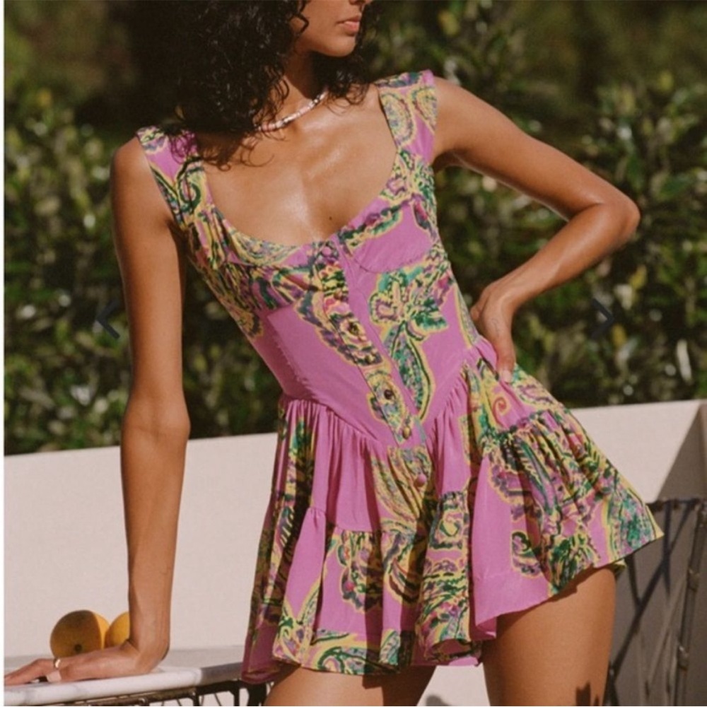 Vanessa Mooney Elisabeth Mini Dress Style Button Down Satin Silky Romper